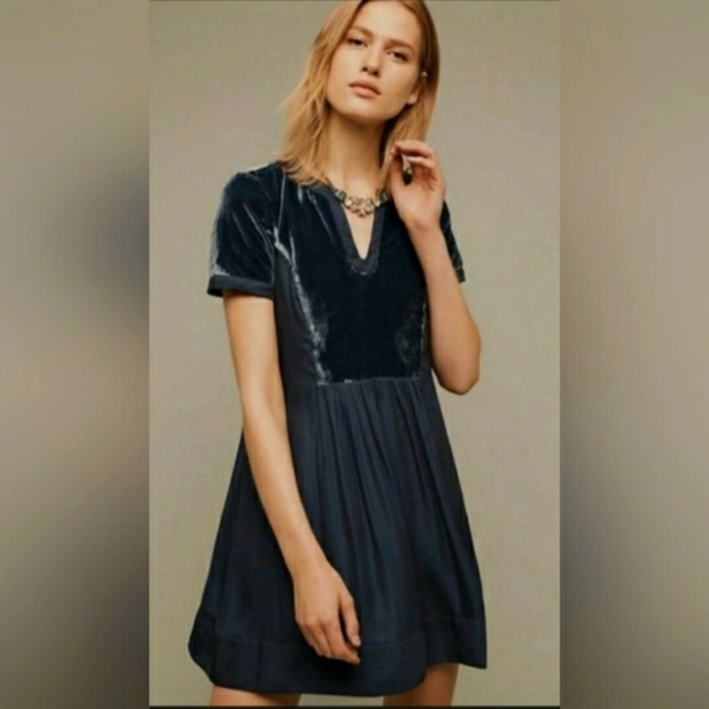 Anthropologie Maeve Forest Lily Deep Velvet Teal Shift Dress